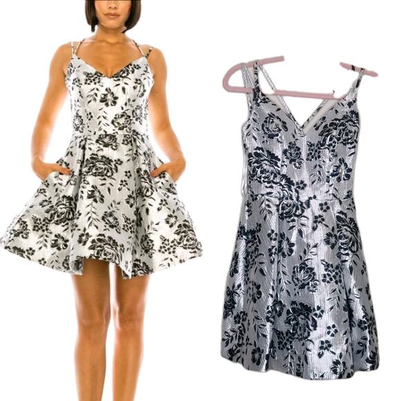 B Darlin Sz 2 Silver Black Floral Jacquard Pleated Mini Skater Dress Pockets NWT - Picture 1 of 9